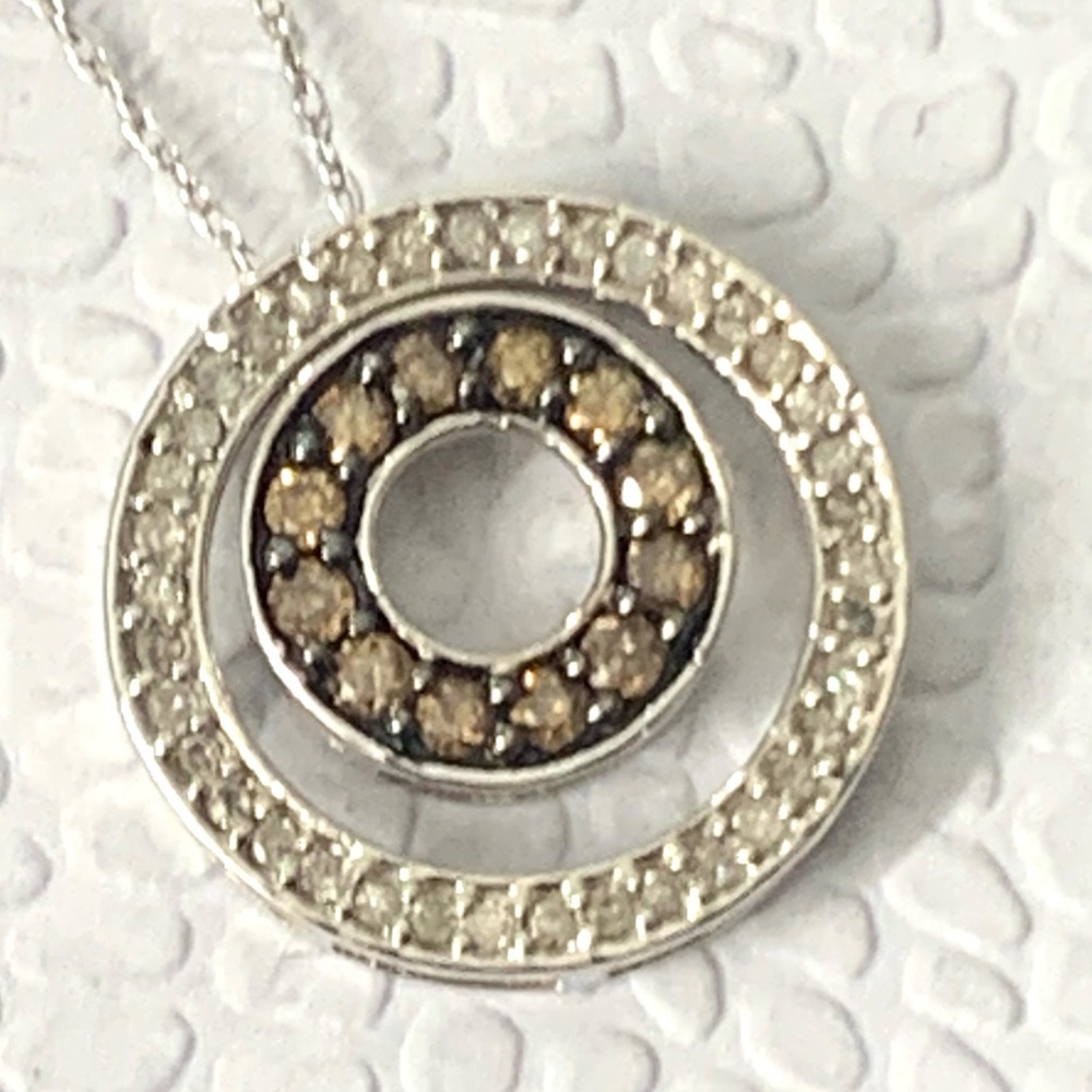 10K Real White Gold & Genuine Diamond Double Circle  Necklace 16”